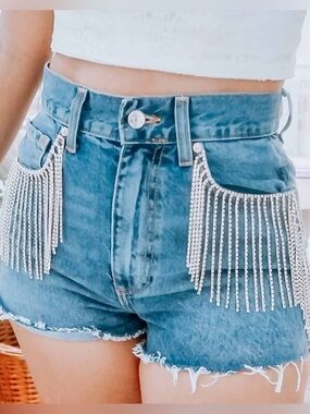 Realty RHINESTONE fringe High Rise Light Blue Denim Jeans shorts cowboy shorts